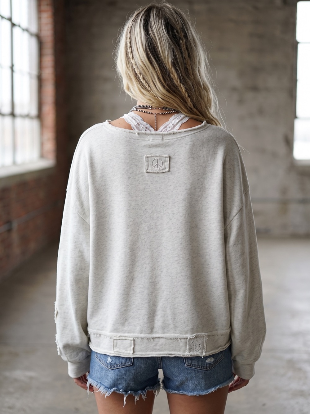 NWT POL Peace Sign Love Oatmeal Natutal Criss Cross Sweatshirt Top - Picture 6 of 14